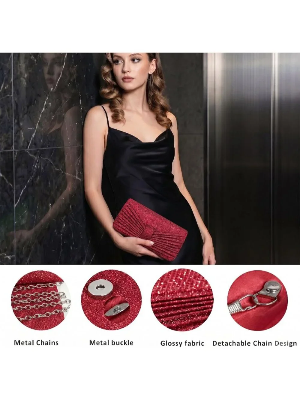 👜 Women's Red Wedding Bag Sparkling Party Handbag with Detachable Chain Purse